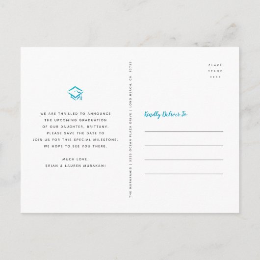 Invitation Carte Postale Enregistrer la date de graduation photo turquoise (Dos)