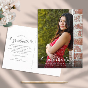Invitation Carte Postale Enregistrer la date Graduation Photo Modern Script