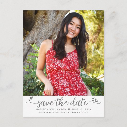 Invitation Carte Postale Enregistrer la date Graduation Photo Script Coeurs (Devant)