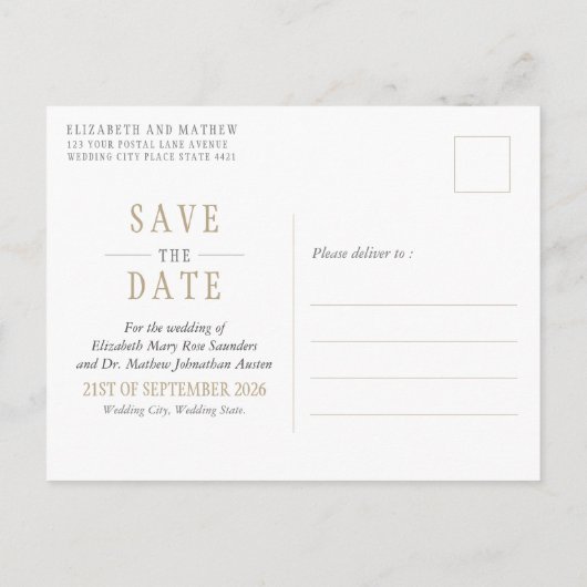 Invitation Carte Postale Enregistrer le Mariage Date White Gold Simple (Dos)