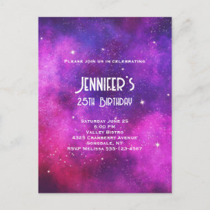 Invitation Carte Postale Espace rose et violet et étoiles Faux Galaxy Anniv
