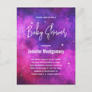 Invitation Carte Postale Espace rose et violet & Étoiles Baby shower Galaxi