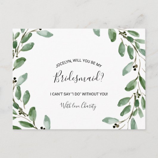 Invitation Carte Postale Été Vert Tropical Eucalyptus Bridesmaid (Devant)