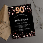 Invitation Carte Postale étoiles d'or rose noir 90e anniversaire
