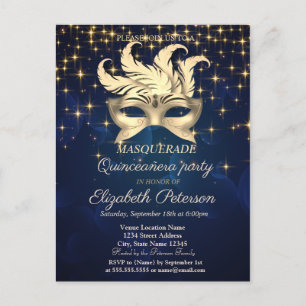 Invitation Carte Postale Étoiles dorées, Masque, Quinceañera bleu marine