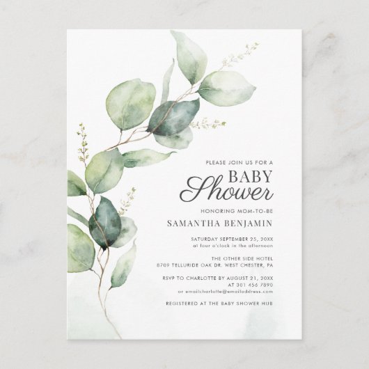 Invitation Carte Postale Eucalyptus Baby shower Garçon de verdure (Devant)
