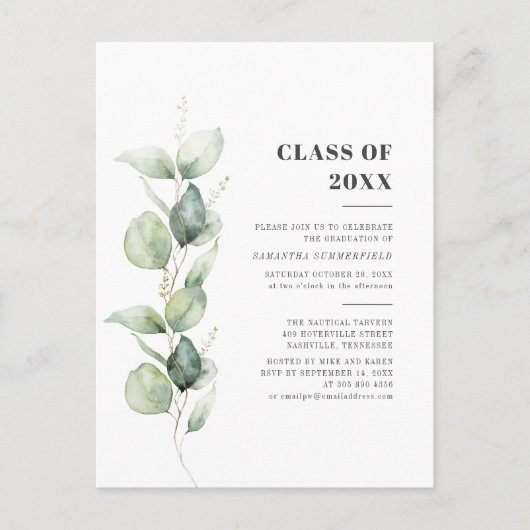 Invitation Carte Postale Eucalyptus Botanical Green Graduation Party (Devant)