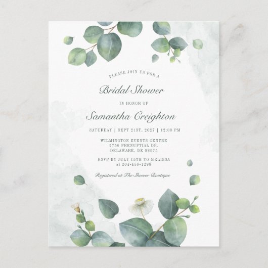 Invitation Carte Postale Eucalyptus Fête des mariées botanique verte (Devant)