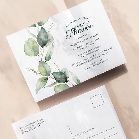 Invitation Carte Postale Eucalyptus Fête des mariées de script de feuillage