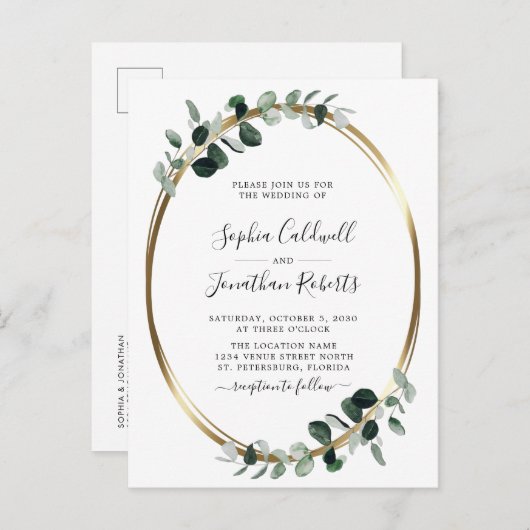 Invitation Carte Postale Eucalyptus Gold QR Code RSVP Mariage (Devant / Derrière)