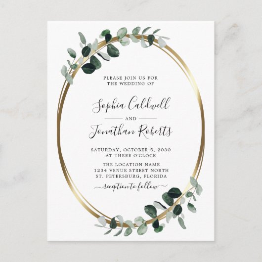Invitation Carte Postale Eucalyptus Gold QR Code RSVP Mariage (Devant)