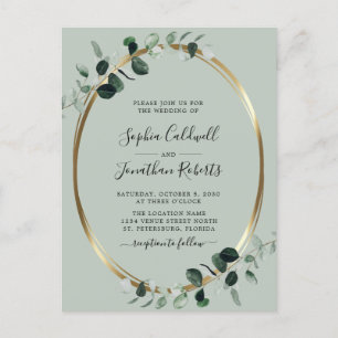 Invitation Carte Postale Eucalyptus Gold Sage QR Code RSVP Mariage