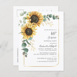 Invitation Carte Postale Eucalyptus Green Sunflower 40e fête d'anniversaire
