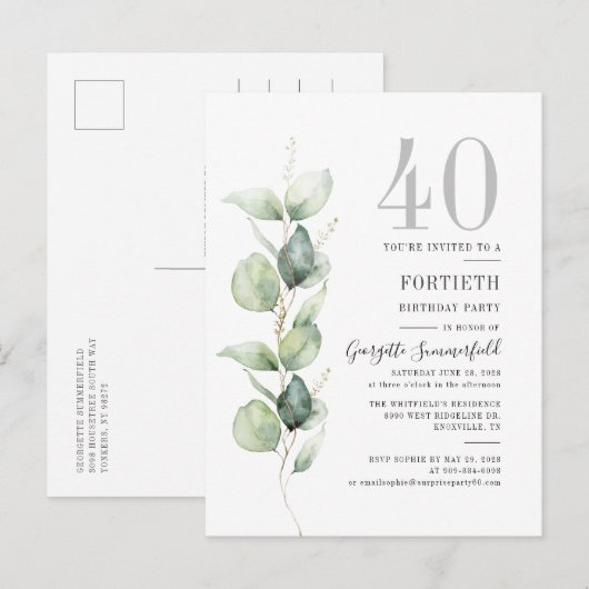 Invitation Carte Postale Eucalyptus Greenery 40e anniversaire Botanical Par (Devant / Derrière)