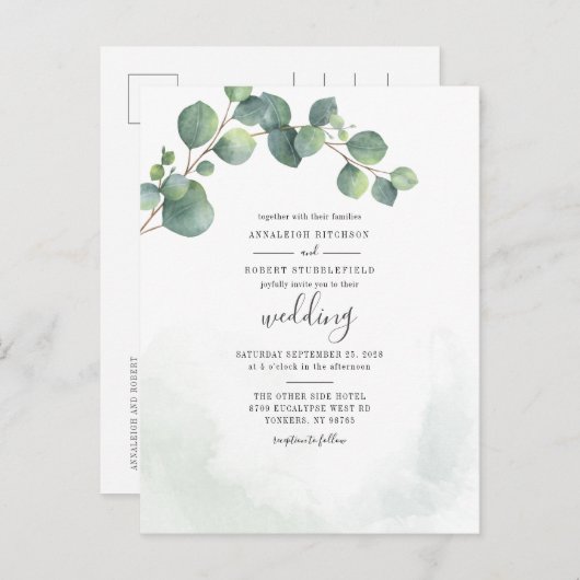Invitation Carte Postale Eucalyptus Mariage botanique Script vert (Devant / Derrière)
