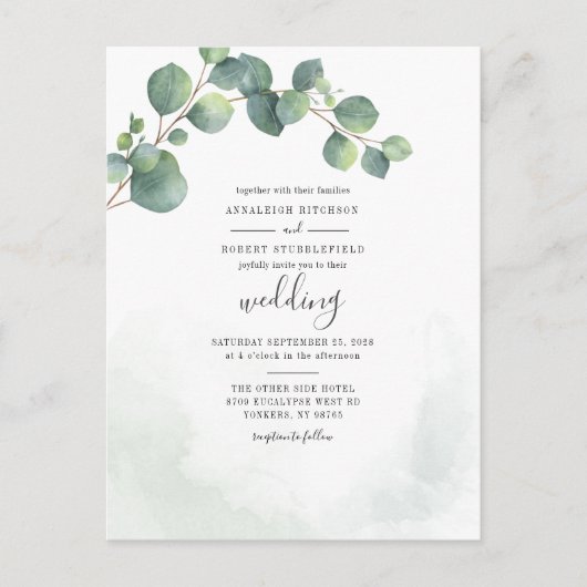Invitation Carte Postale Eucalyptus Mariage botanique Script vert (Devant)