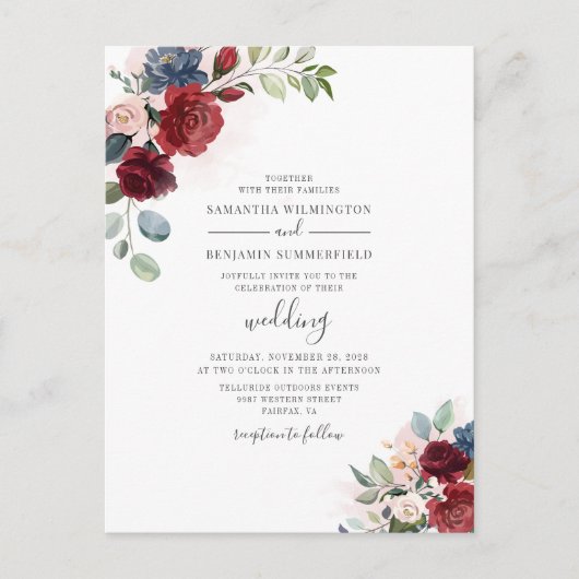 Invitation Carte Postale Eucalyptus Succulent Bourgogne Mariage floral (Devant)