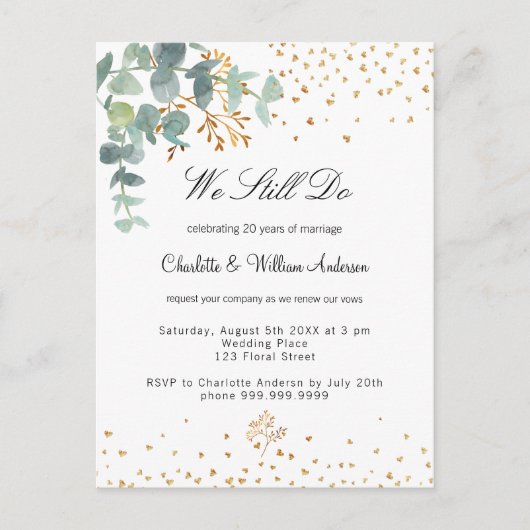 Invitation Carte Postale Eucalyptus verdure coeur or vow renouveau (Devant)