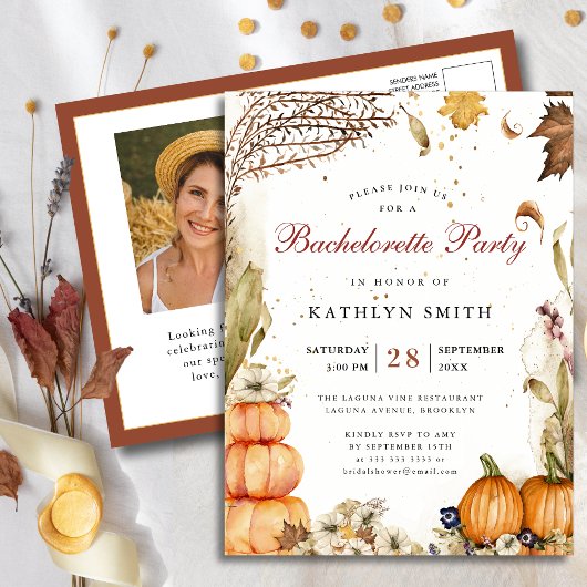 Invitation Carte Postale Fall In Love Botanical Citrouille Bachelorette Par