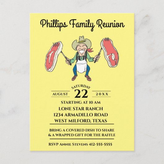 Invitation Carte Postale Famille Réunion Cowboy Big Steaks (Devant)
