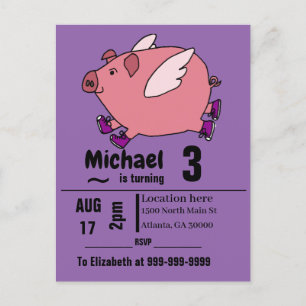Invitation Carte Postale Fantaisie Volant Cochon fête d'anniversaire