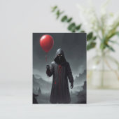 Invitation Carte Postale Faucheuse Grim et ballon rouge (Debout devant)
