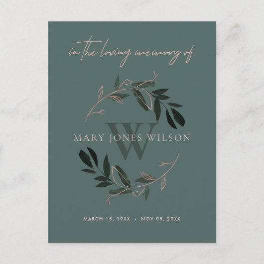 INVITATION CARTE POSTALE FAUNE ROSE VERTE WREATH SYMPATHIE SERVICE MÉMORIAL (Devant)