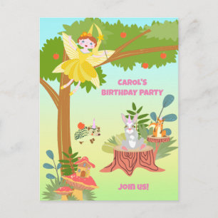 Invitation Carte Postale Fée de jardin avec ses amis animaux Fête d'anniver