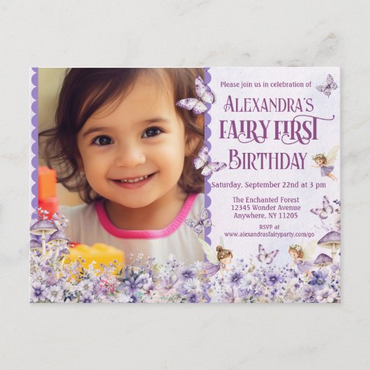Invitation Carte Postale Fée Florale Violet Premier anniversaire photo (Devant)