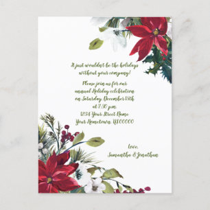 Invitation Carte Postale Festive Poinsettias Holly Berries Noël