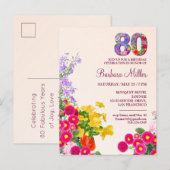 Invitation Carte Postale fête 80e anniversaire floral moderne 80 ans fête (Devant / Derrière)