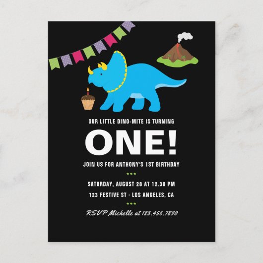 Invitation Carte Postale Fête à thème Dinosaure 1er Anniversaire noir et bl (Devant)