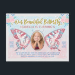 Invitation Carte Postale Fête Anniversaire Papillon Photo Girls mignonne en<br><div class="desc">Ces magnifiques cartes postales uniques d'invitation à la fête d'anniversaire transforment votre enfant en papillon magique! Le joli design est vintage, dans des tons de rose, bleu et or, qui évoquent le conte de fées. La photo de votre enfant remplit le centre des ailes papillon. Le joli design est réalisé...</div>