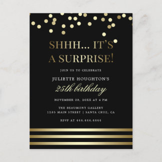 Invitation Carte Postale Fête Confetti Surprise Black and Gold