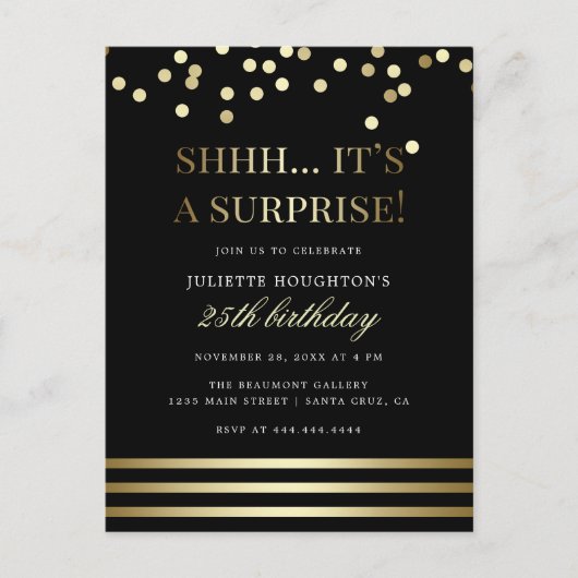 Invitation Carte Postale Fête Confetti Surprise Black and Gold (Devant)
