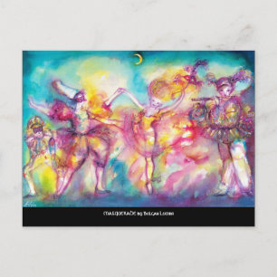 Invitation Carte Postale FÊTE COSTUMÉE,Masques de Mardi Gras,Danse,Musique