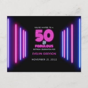 Invitation Carte Postale Fête d'anniversaire 50 ans Pink Neon 50 & Fabuleux