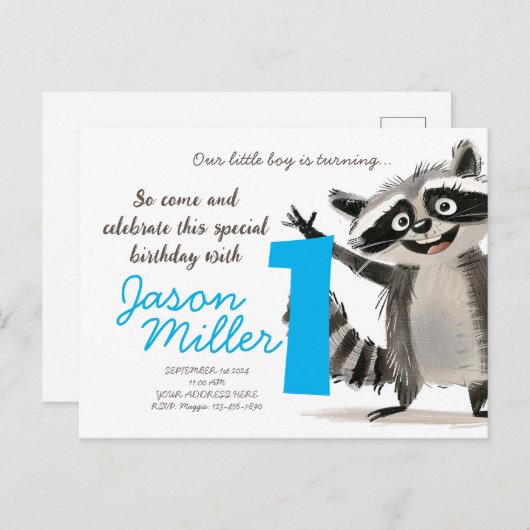 Invitation Carte Postale Fête d'anniversaire à thème Racon pour bébé 1 an (Devant / Derrière)