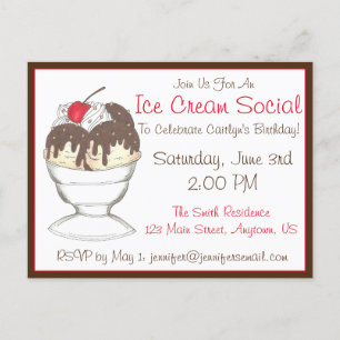 Invitation Carte Postale Fête d'anniversaire avec glace au thème de sundae