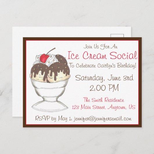 Invitation Carte Postale Fête d'anniversaire avec glace Sundae au chocolat (Devant / Derrière)