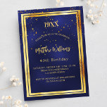 Invitation Carte Postale fête d'anniversaire bleu or année naissance<br><div class="desc">Un arrière - plan bleu foncé,  bleu marine. La couleur bleue est inégale. Avec un cadre en faux or et des confettis dorés saupoudrés,  des lettres de couleur dorée. Personnalisez et ajoutez l'année de naissance,  le nom,  les détails de la fête.</div>