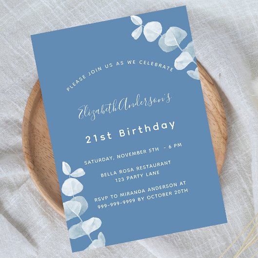Invitation Carte Postale Fête d'anniversaire bleu poussiéreux eucalyptus bl