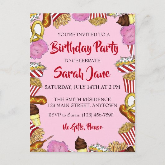 Invitation Carte Postale Fête d'anniversaire Carnaval State Fair Foods (Devant)