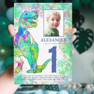 Invitation Carte Postale Fête d'anniversaire colorée de 1 an de dinosaure