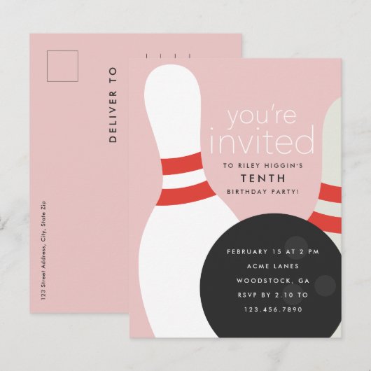 Invitation Carte Postale Fête d'anniversaire de bowling (Devant / Derrière)