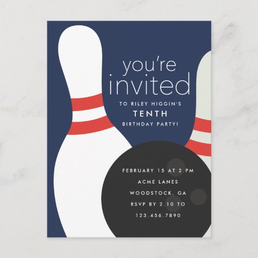 Invitation Carte Postale Fête d'anniversaire de bowling (Devant)
