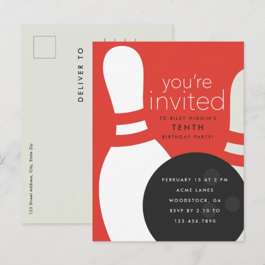 Invitation Carte Postale Fête d'anniversaire de bowling (Devant / Derrière)