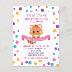 Invitation Carte Postale Fête d'anniversaire de chaton mignon Confetti Arc-