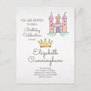 Invitation Carte Postale Fête d'anniversaire de la princesse aquarelle et l