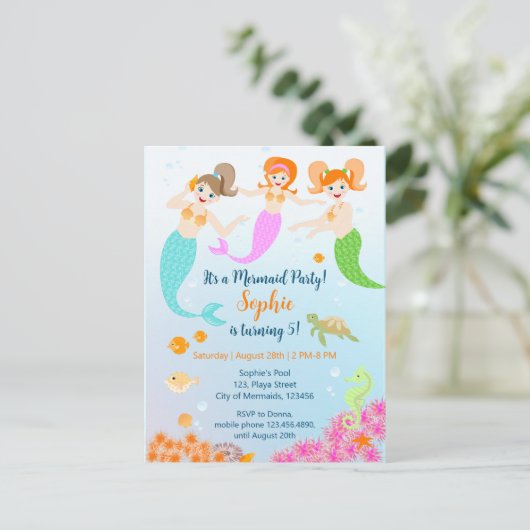Invitation Carte Postale Fête d'anniversaire de la Sirène et de ses amis (Debout devant)